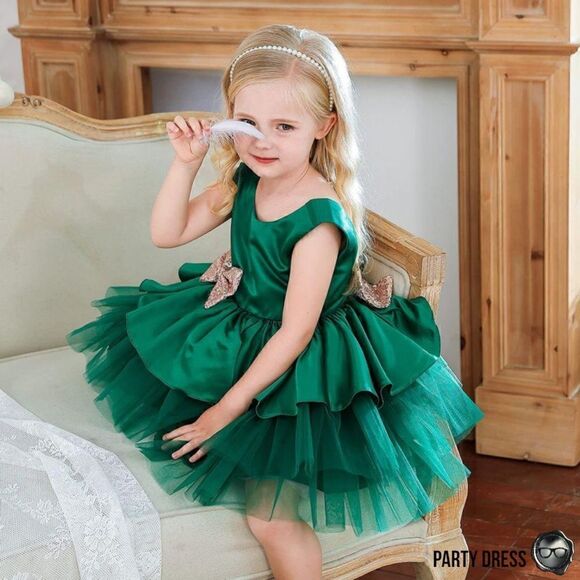 NOELLE LAYERED SATIN & TULLE TODDLER PARTY HOLIDAY DRESS EMERALD GREEN 1-2 YEARS - Picture 9 of 16